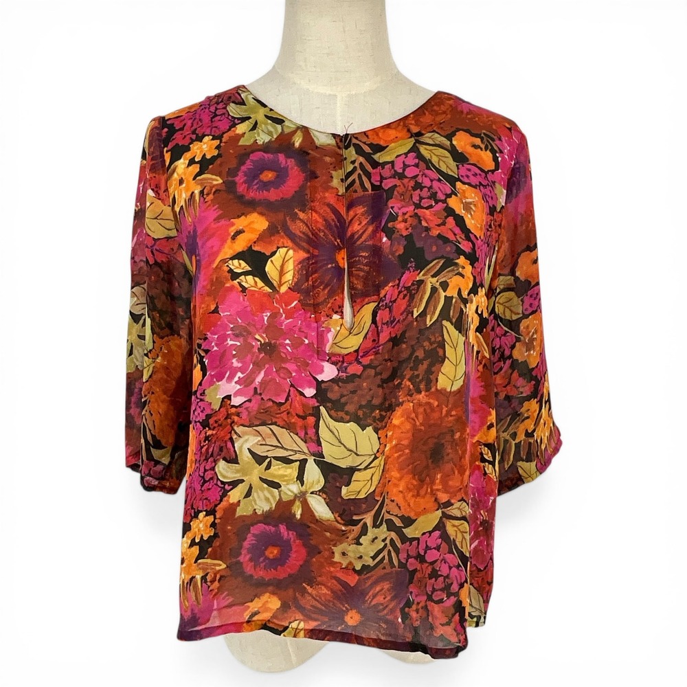 Chicos‎ Silk Floral Blouse Orange Magenta 3/4 Sleeve Keyhole Top Sz 1 Med US 8